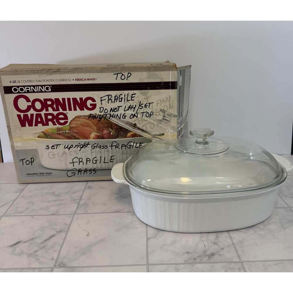 Vintage Corning Ware French White 4QT Oval Roaster Casserole Dish, Lid F-14-B